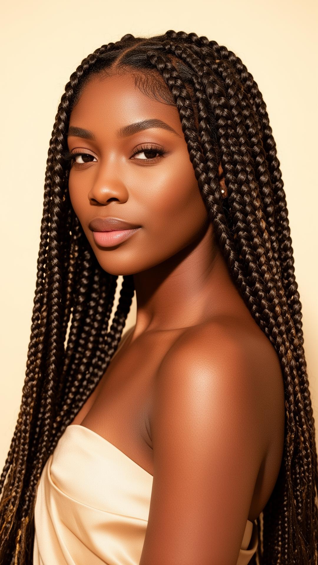 Elegant model wearing long knotless braids
